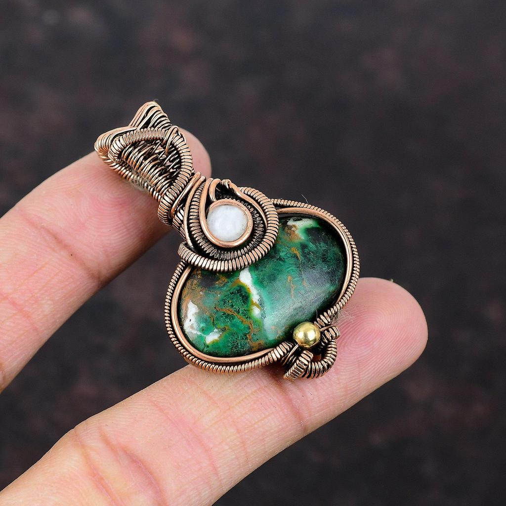 Cuprite Chrysocolla Pendant Gemstone Pendant Copper Wire Wrapped Pendant Handmade Pendant Rainbow Moonstone Pendant Copper Jewelry For Gift