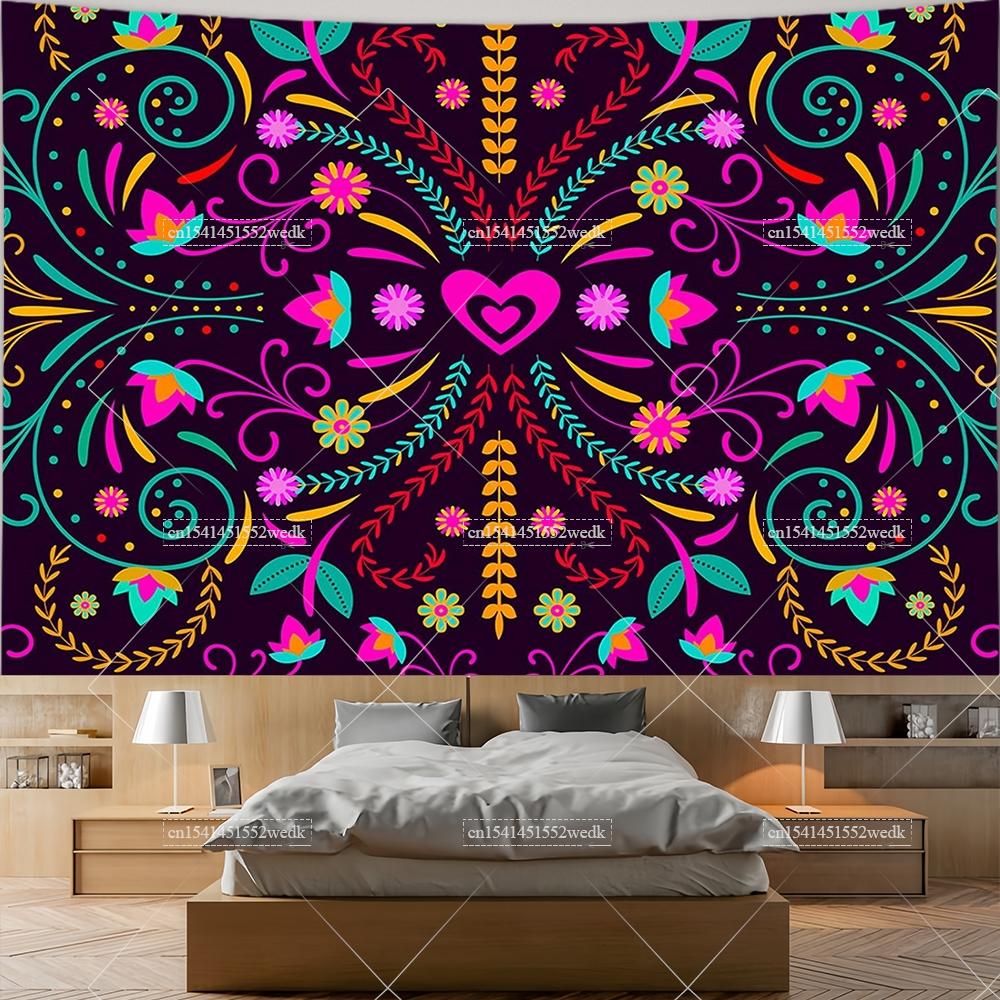 Mexiko Blumenteppich Mexikanische Pflanze Blumen Stickerei Ethnisch Otomi Vögel Wandteppiche Ästhetische Raumdeko Illustrationen Hintergrund