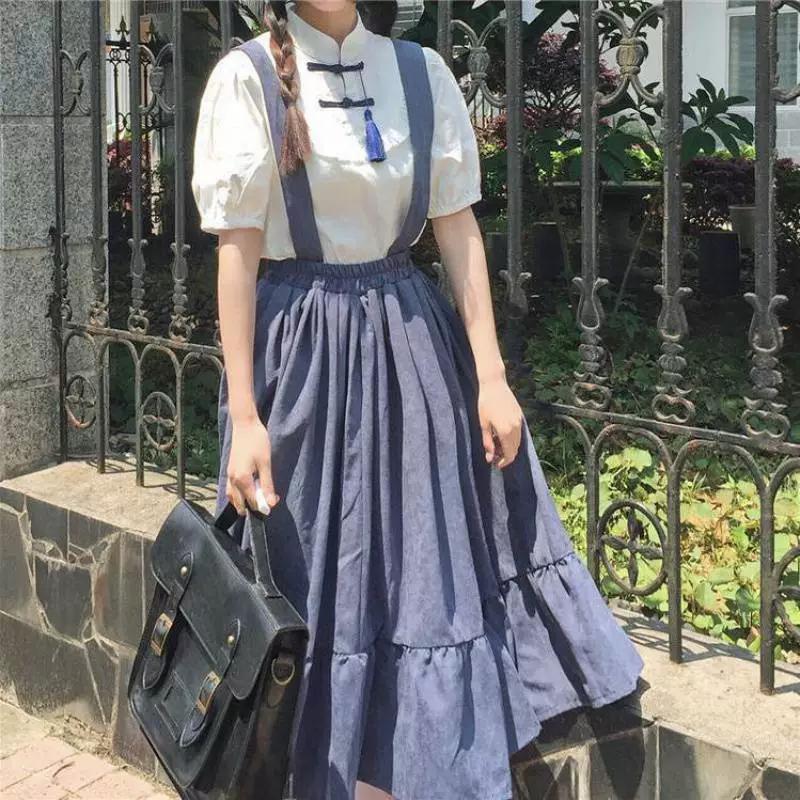 Girl Sweet Female Short-sleeved Shirt + Ruffled Back Strap Long Skirt Cute Two-piece Set