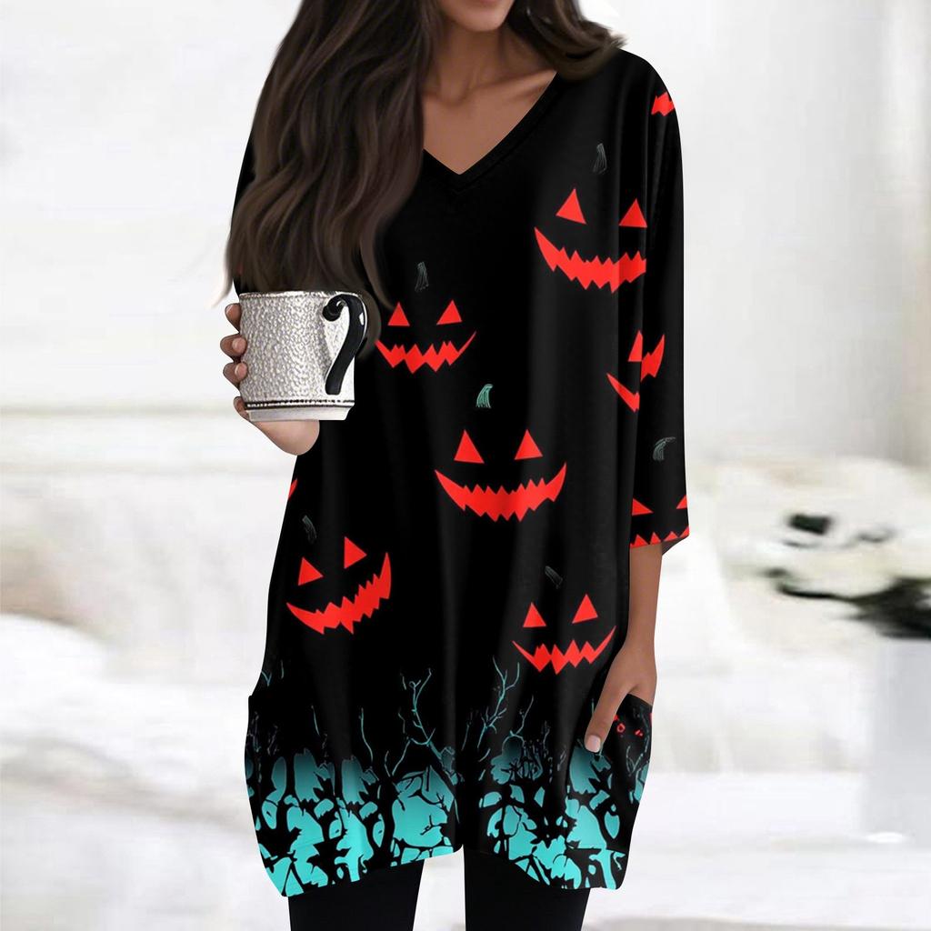 Damen Oberteile V-Ausschnitt 3/4 Ärmel Blusen Lässige Mittellange Hemden Mode Halloween Print Tunika Oberteile Mit Taschen