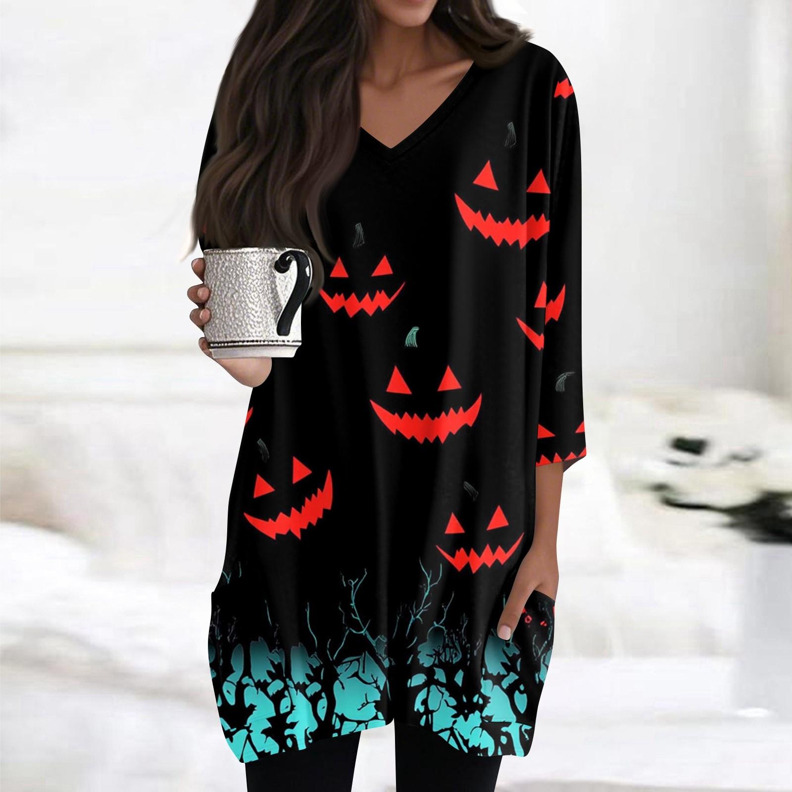 

Женские топы с V-образным вырезом и рукавом 3/4, повседневные блузки средней длины, модные туники с принтом на Хэллоуин и карманами XL
