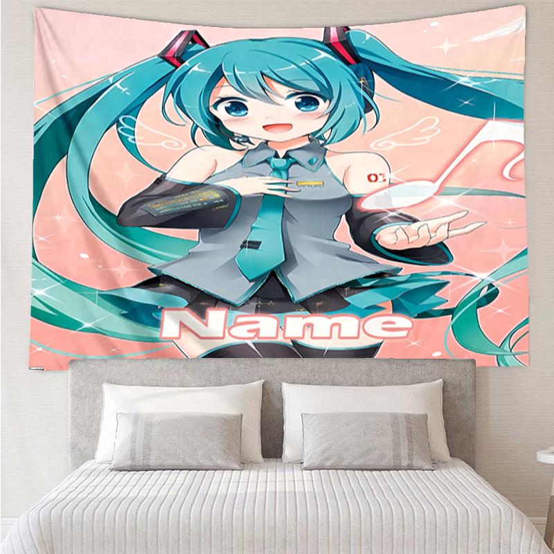 Custom Name Hatsune Miku Print Tapestry, Backdrop, Easy Setup, Ideal for Bedroom, Office & Living Room, with Aesthetic Wall Hanging Decor.
