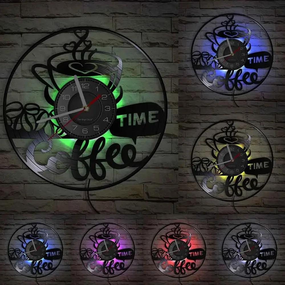 Coffee Cup Cut Out Longplay Wall Clock Kitchen Decor Cafe House Coffee Sign Black Noiseless Hanging Wall Clock Gifts for Barista