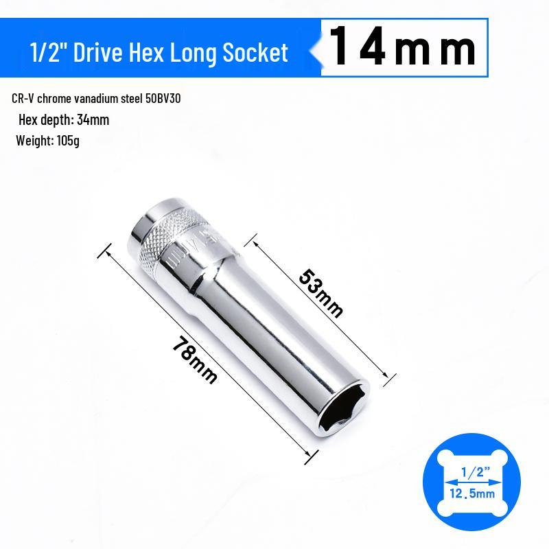 Dafei Hexagonal Extended Socket Head Set 8-32mm, 1/2" Ratchet Wrench Socket, Hollow Type.