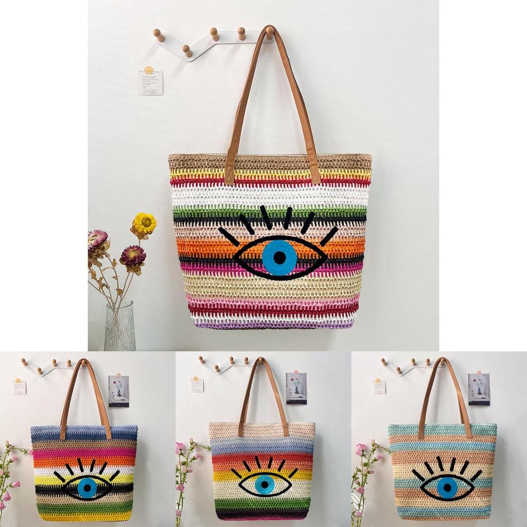Große geflochtene Raffia-Strandtasche mit Augen-Print-Design und zwei Schultergurten für den Urlaub