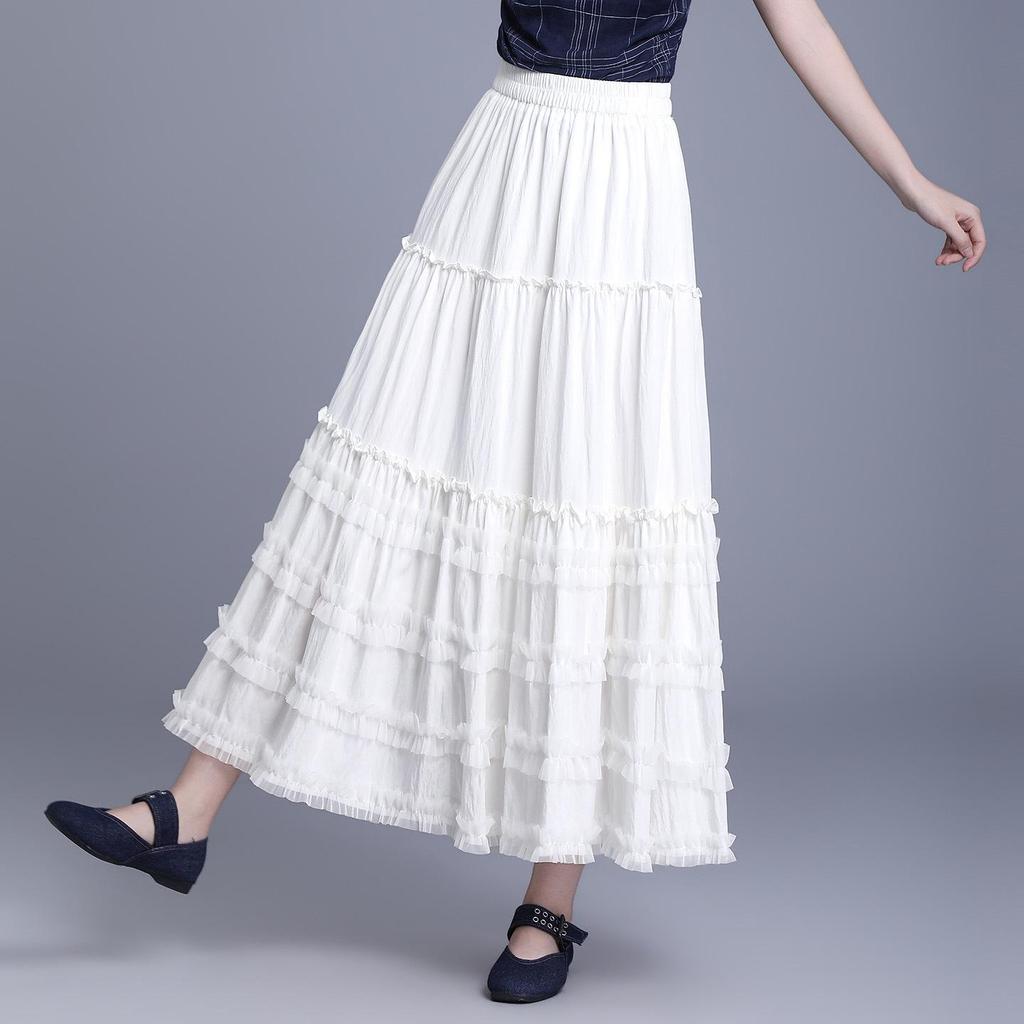 2026 Summer Women's Korean A-Line White Midi Skirt – High Waist, Lace Trim, Drape Design