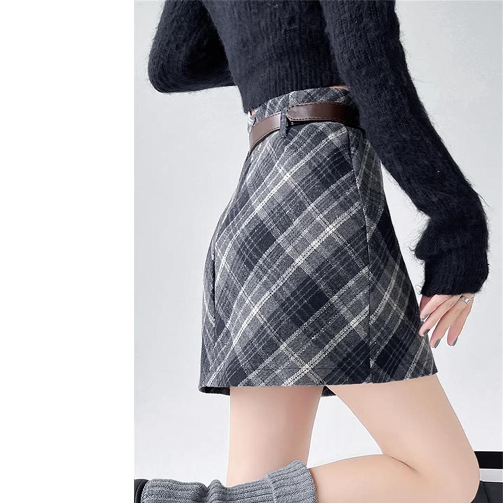 Women's High Waist Plaid Wool A-Line Skirt - Retro Style for Spring and Autumn