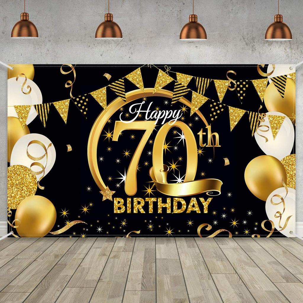 Birthday Party Decoration Extra Large Fabric Black Gold Sign Poster for Anniversary Photo Booth Backdrop Background Banner, Birthday Party Supplies,