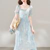 French holiday style beautiful floral short-sleeved dress summer new unique fairy ruffle skirt blue