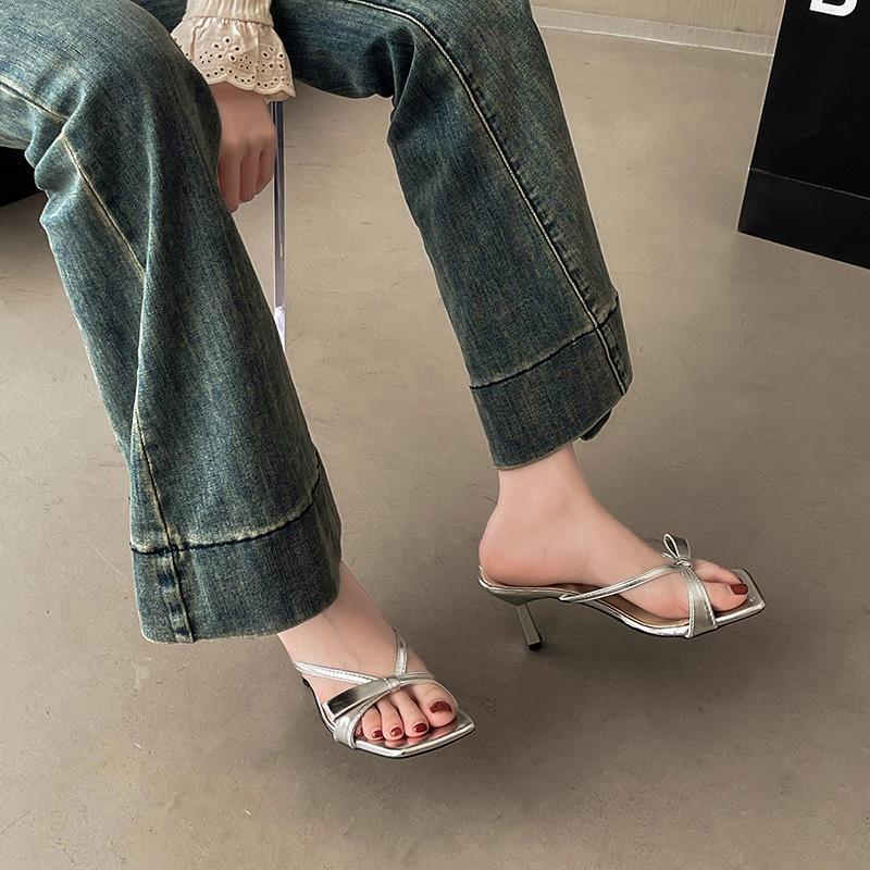 Daily sexy pure desire style square head thin heel sandals new summer wear high value personalized bow high heels