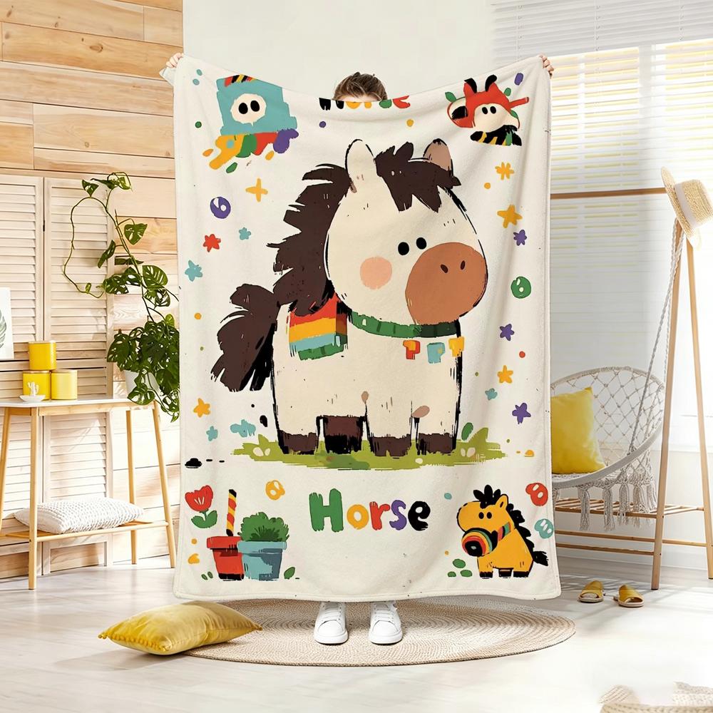 Painting Cute Pony Throw Lightweight 240G Flannel Blanket Soft Skin-Friendly For Summer Cooling