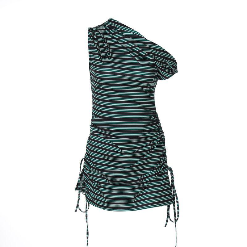

Shemoda Fashion Style Elastic Silm Black Green Stripes Print One-Shoulder Cold-Shoulder Drawstring Dress Short Skirt for Women Green L