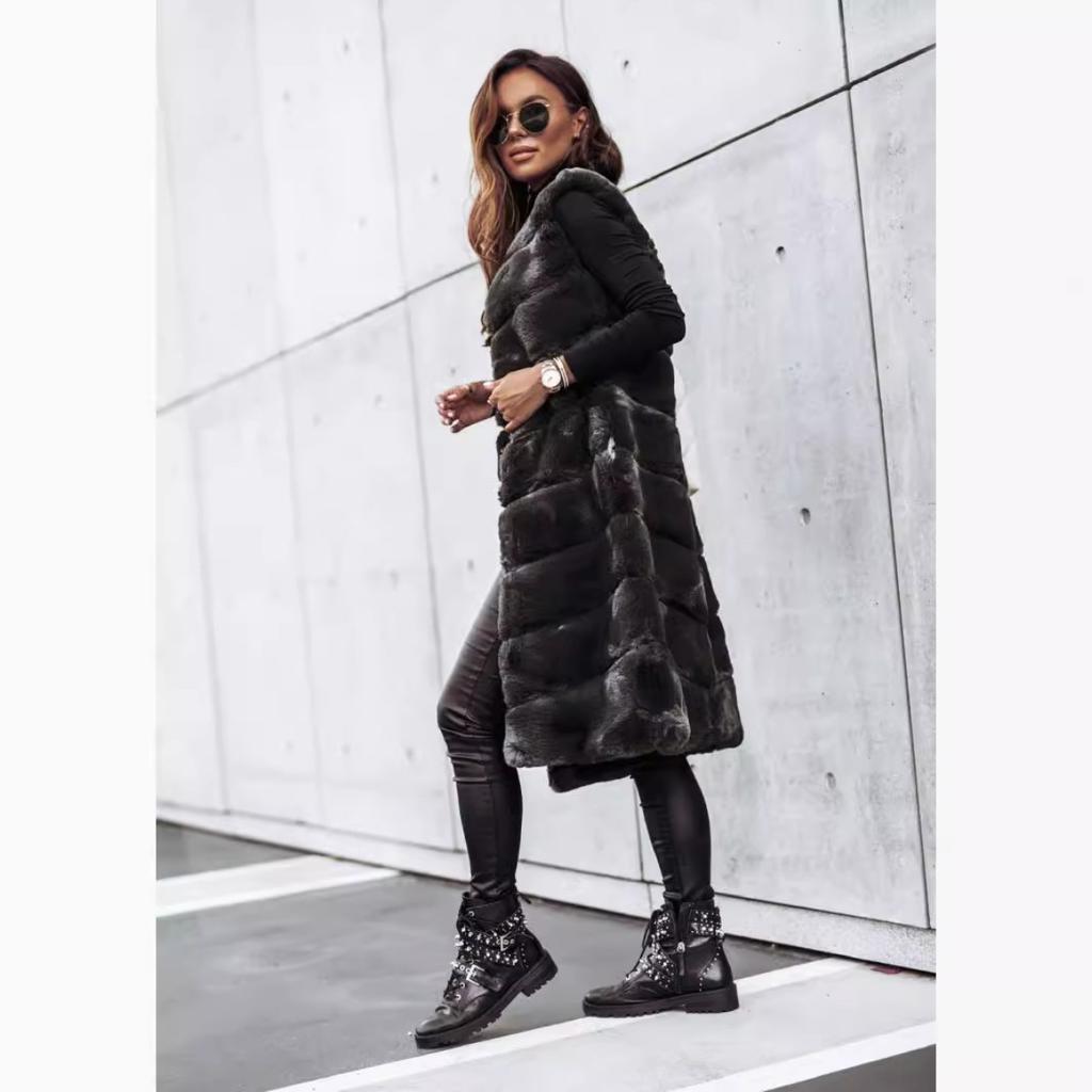 Women's Winter Autumn Long Faux Fur Vest Sleeveless Jacket Casual Outerwear For European American Style