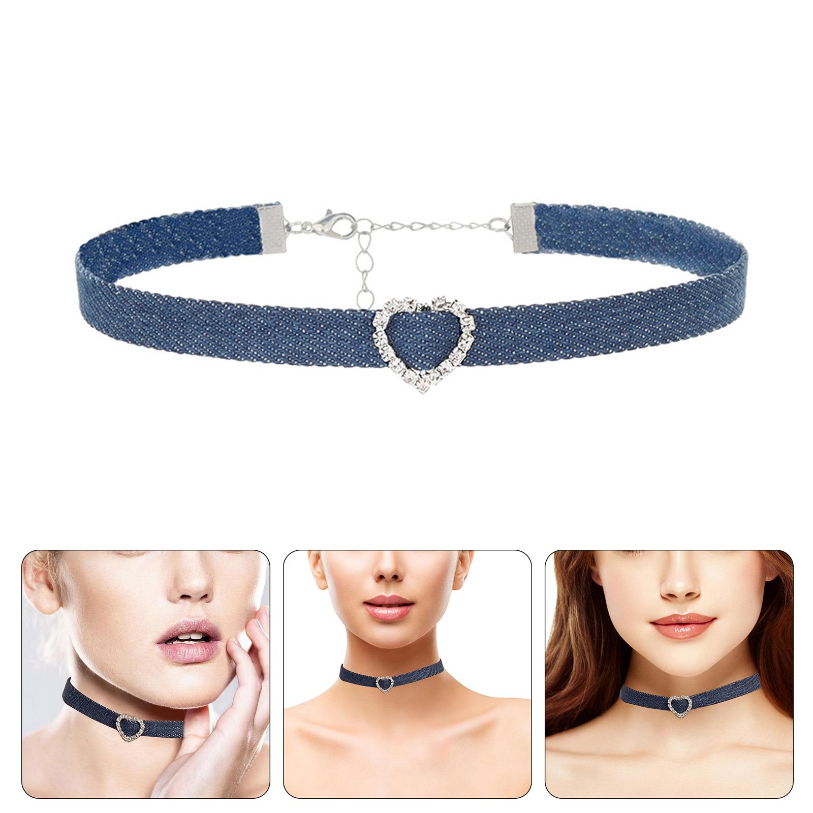 

Fashionable Denims Fabric Choker Necklace for Women Adjustable Clavicle Chain Rhinestones Charm Necklace Accessory 2 чорний