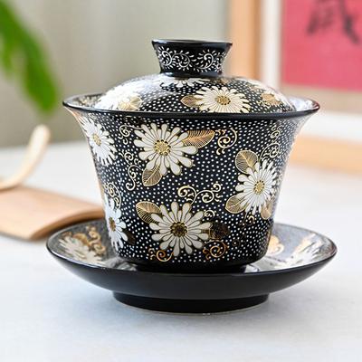 Black Glazed Ceramic Cover Bowl Blue And White Antique Three Talents Orchid Pavilion Sequence Kung Fu Tea Set Tea Household Tea Bowl Guochaofeng Blac