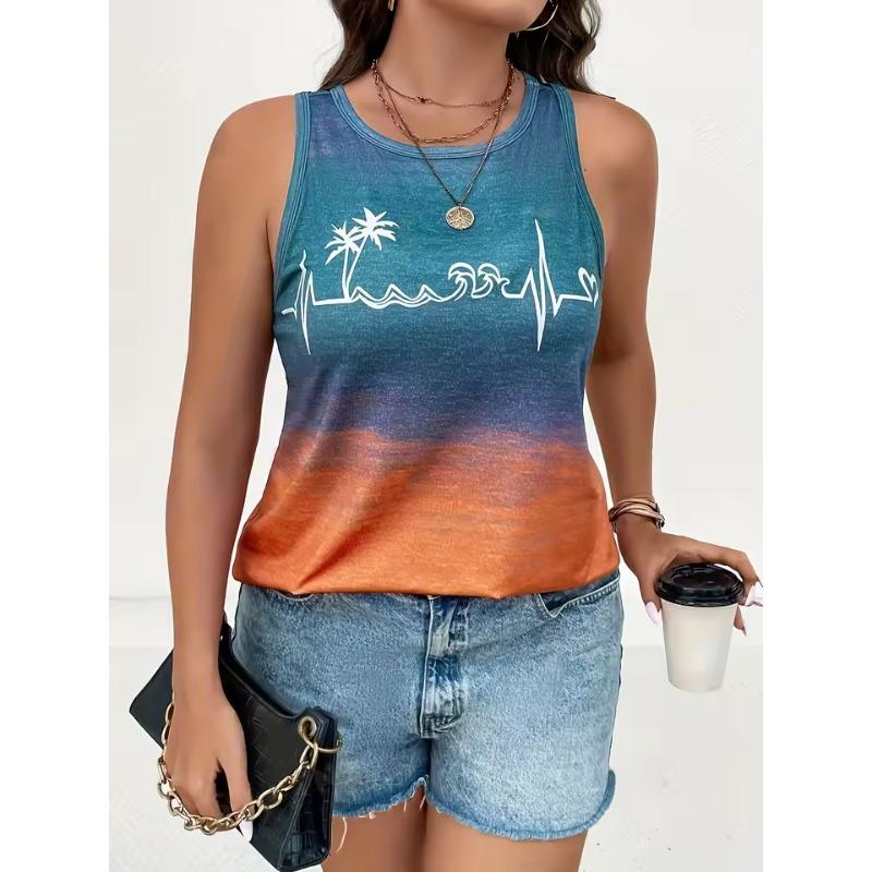 Plus Size Summer Women Elegant 3D Print Vest Vacation Beach Style Shirt Tops Casual Sleeveless Crew Neck Curve Clothing