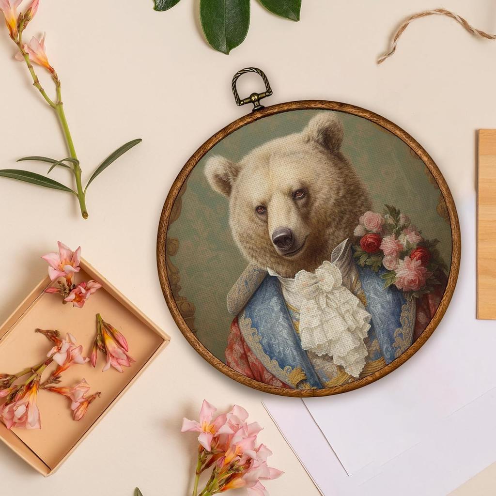 BCUANGD Vintage Animal Round Wall Art Decor - Retro Bear Neutral Wall Art Canvas Frame Artwork Prints, Rustic Moody Country Round Wall Hanging