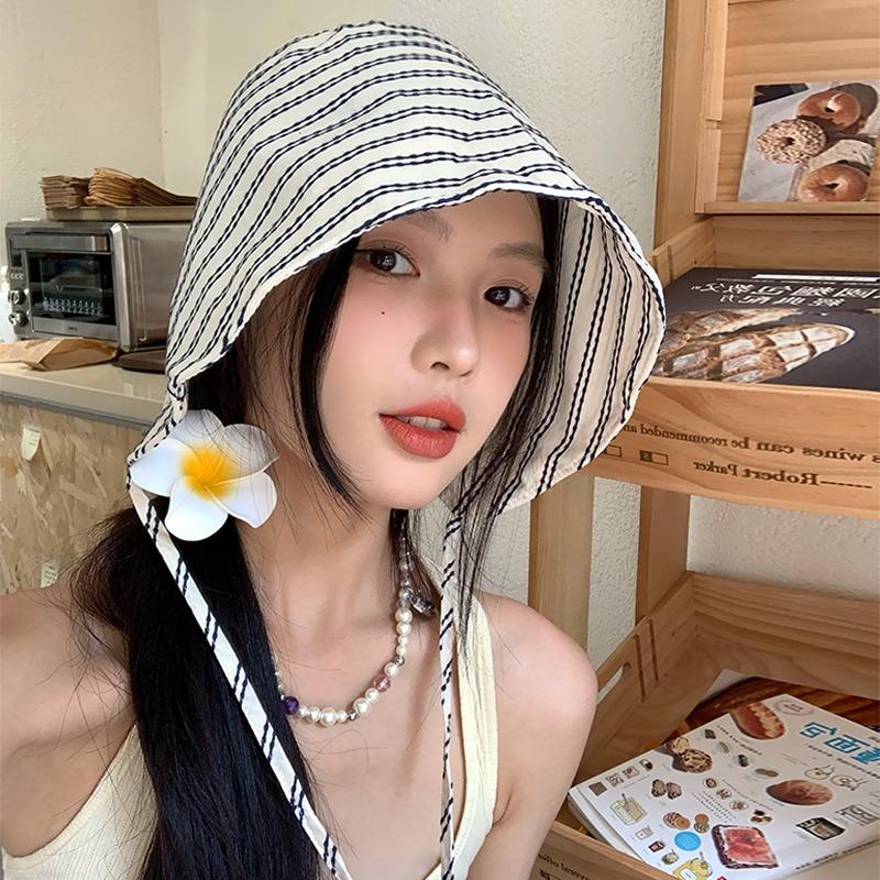 New striped big eaves bucket hat spring and summer face small hat women niche sunshade sunscreen basin hat tide
