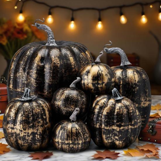 7 Pcs Artificial Pumpkins Assorted Sizes Faux Foam Pumpkin Crafts Farmhouse Rustic Fall Table Centerpiece for Halloween Mantel Shelf Decoration
