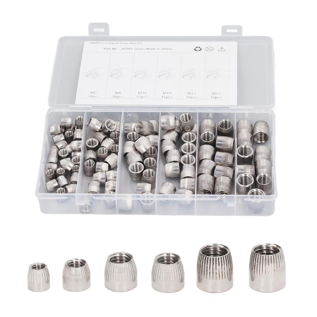 100Pcs 304 Stainless Steel Conical Nut 6mm 8mm 10mm 12mm 4 Types Knurled Implosion Cone Nut