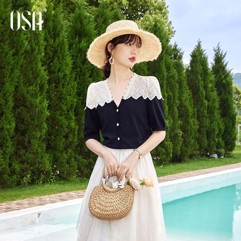 

OSA OSHA French Style V-neck Short Sleeve Black Lace Shirt Black A (pullover) XS