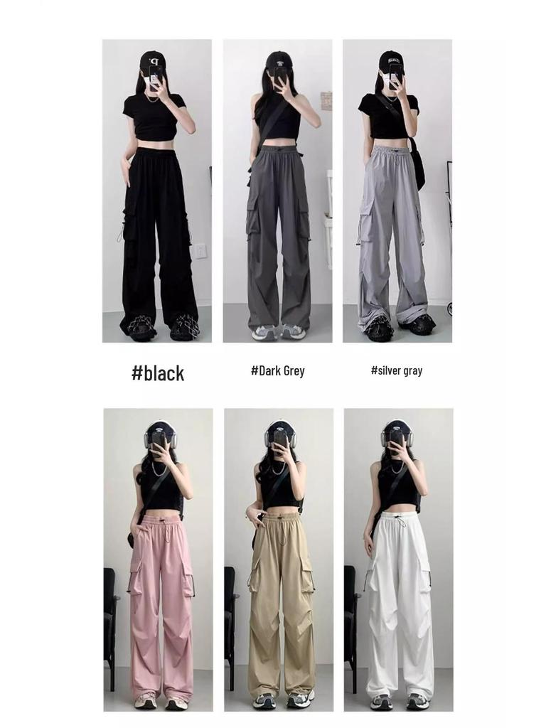 Damskie szare spodnie robocze typu spadochronowego z wysokim stanem dla drobnych - Letni casualowy styl z szerokimi nogawkami