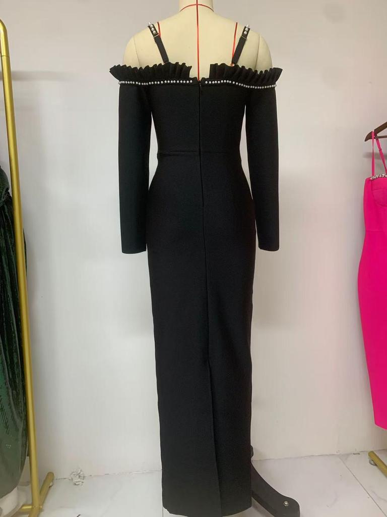 Elegant Black Rhinestone Long Sleeve Bandage Evening Dress