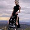 Gothic Print Midi Dress For Women Summer Turtleneck Dark Academia Fashion Long Dress Harajuku Sleeveless Black Dresses