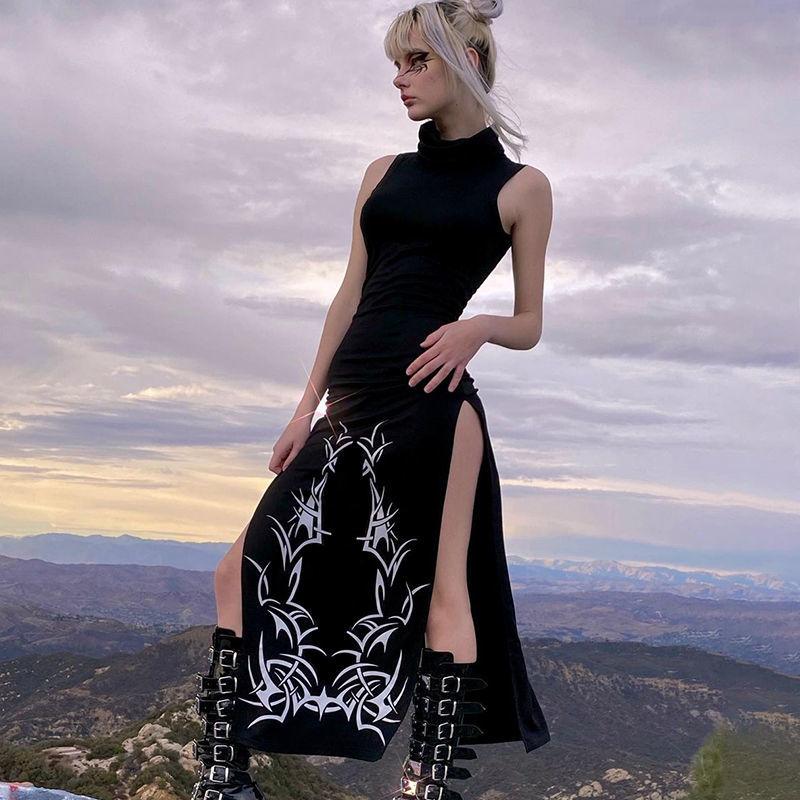 Gothic Print Midi Dress For Women Summer Turtleneck Dark Academia Fashion Long Dress Harajuku Sleeveless Black Dresses