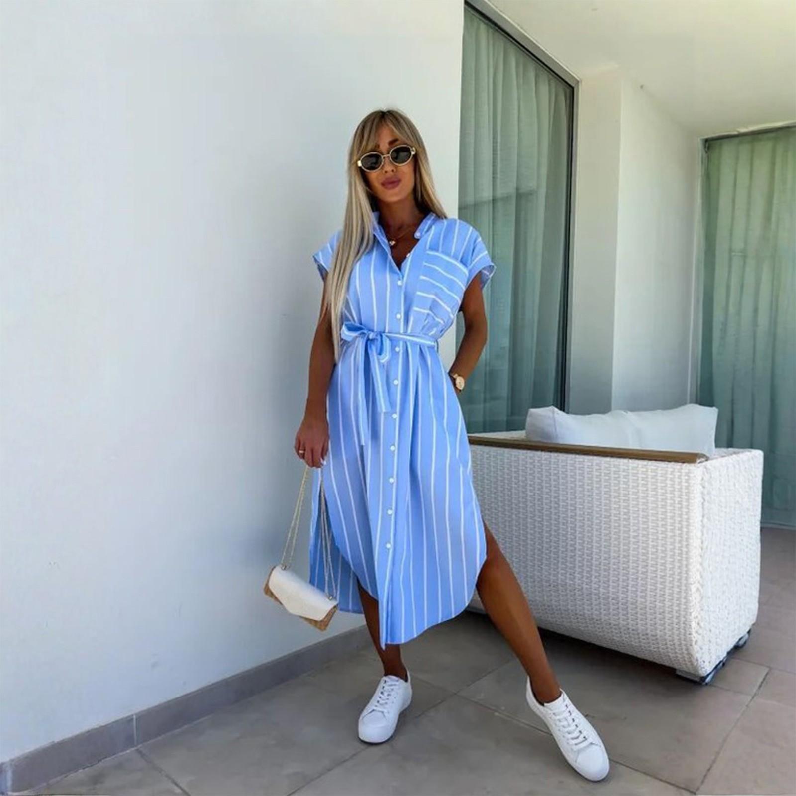 

Женское свободное удобное повседневное модное платье с короткими рукавами и полосатым принтом на поясе XL синий