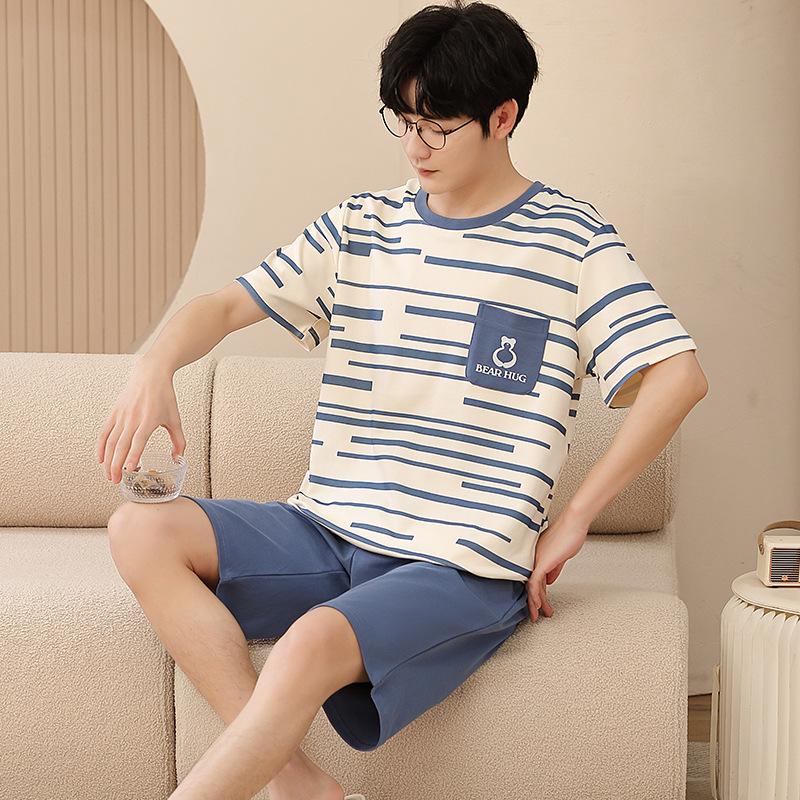 Cotton Sleepwear Loungewear Men's Big Size Long Sleeve Long Trousers Youth Nightwear Homewear Two Sets Cartoon Striped Pajamas