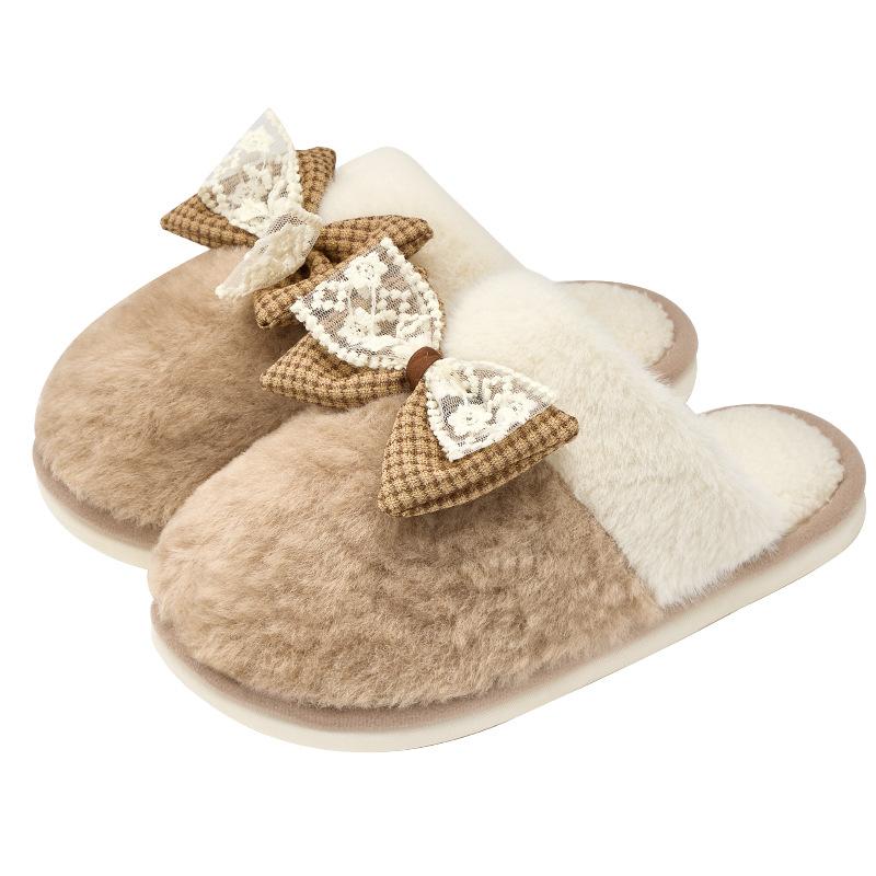 Cute Bow Cotton Slippers Home Warm Slippers Autumn and Winter Thickened Fluff Mop Couple Home Floor Slippers