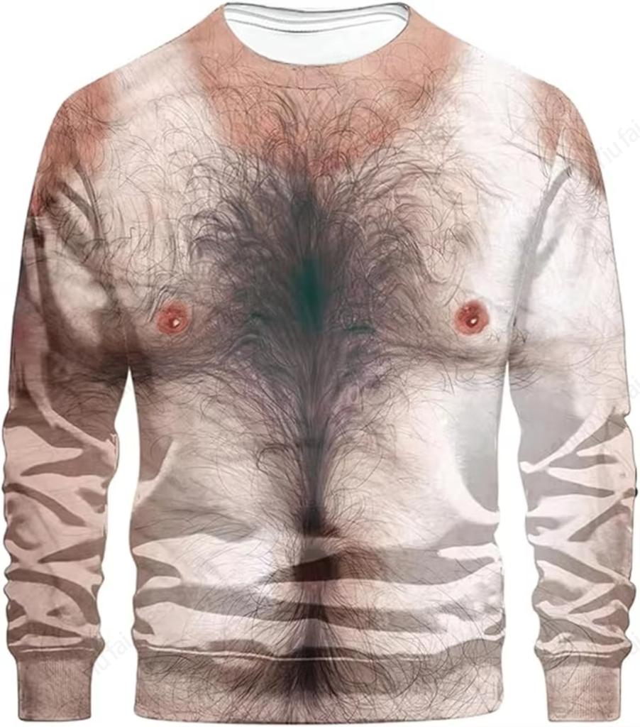 3D Funny Muscle Body Printed T-shirts Slim Oversized Round neck Long Sleeve T-shirts Ugly Chest Hair Tops