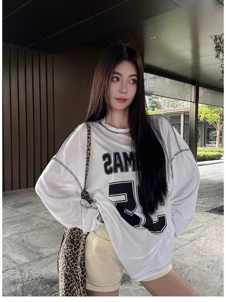 Jinliang Cienka Bawełna Lycra Koszulka z Długim Rękawem - Luźny Krój, Styl Casual