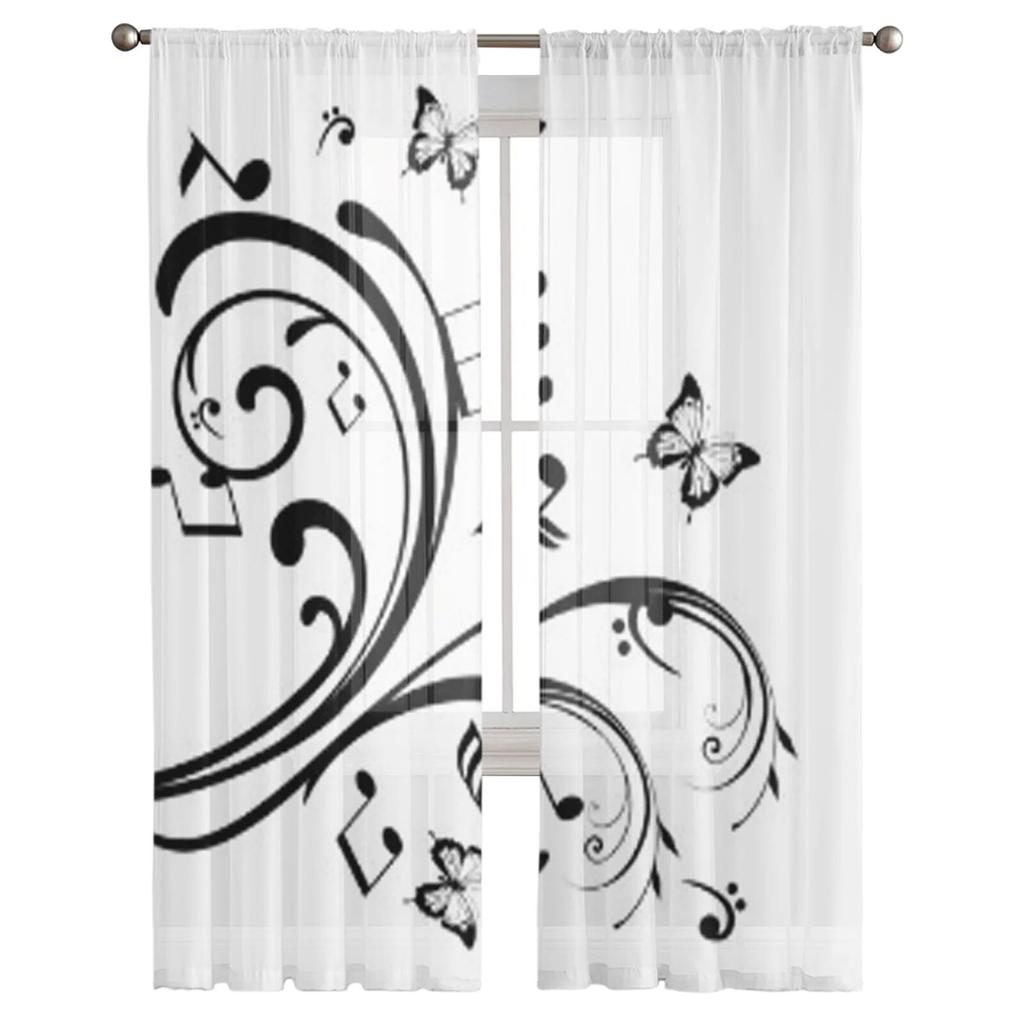 Musical Notes and Butterflies Tulle Curtains for Living Room Decoration Modern Veil Chiffon Curtains Bedroom Sheer Voile