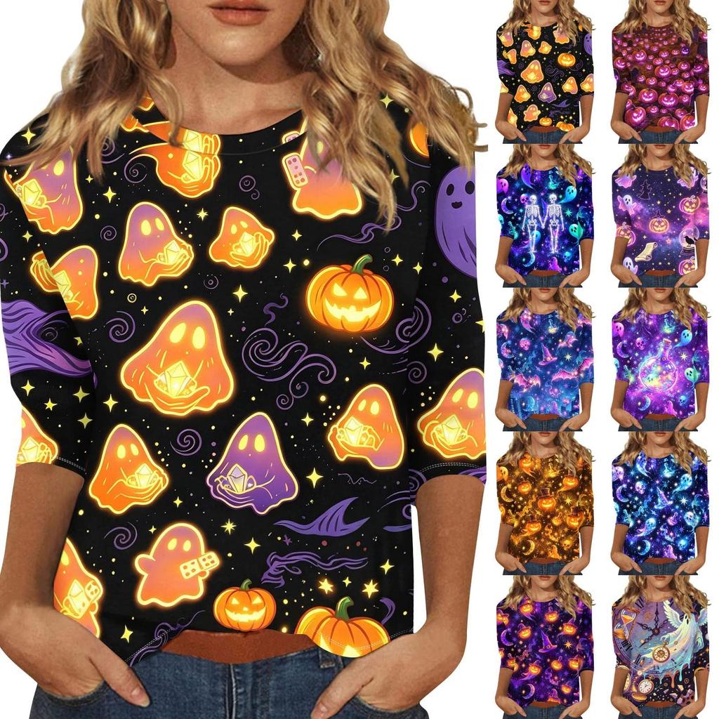 Women's Casual Halloween Graphic Top Three Quarter Sleeve Round Neck Skeleton Print Shirt for Fall Seasonal Wear