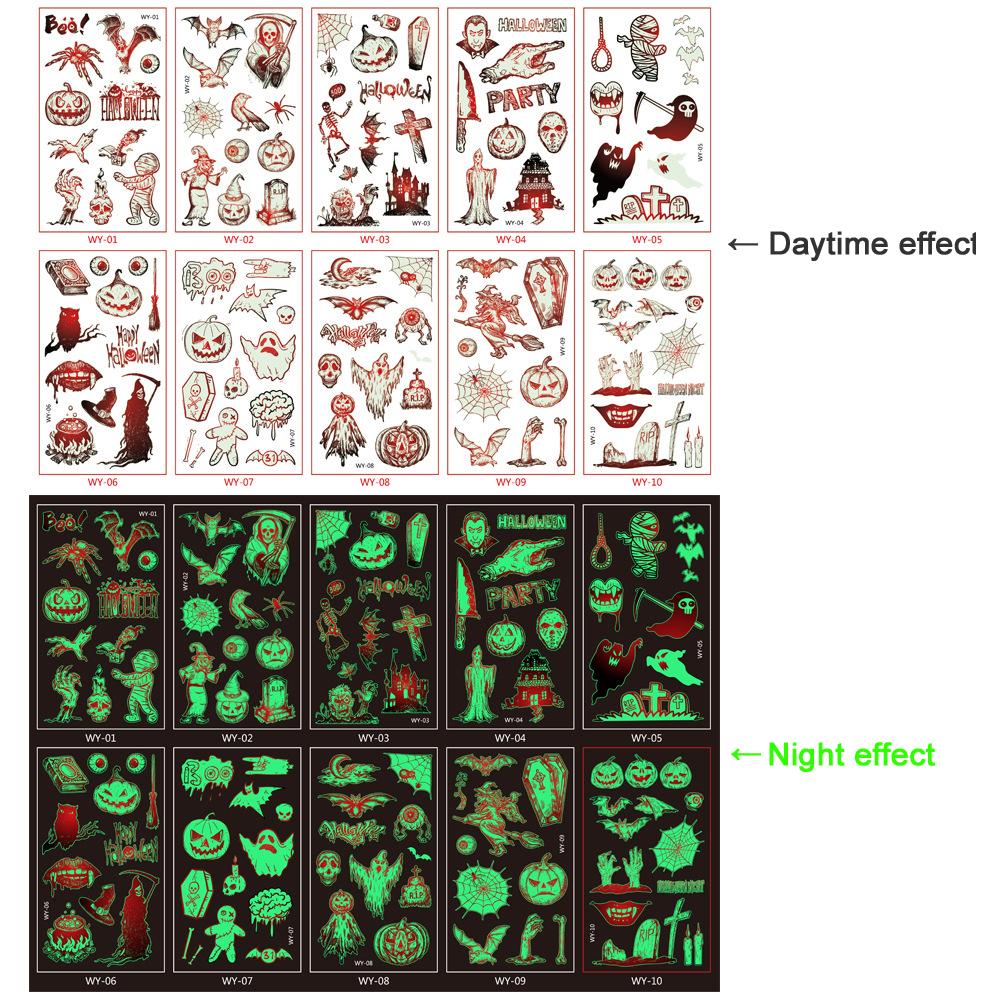 10 Sheets/Set Halloween Luminous Tattoo Stickers Face Temporary Cartoon Pumpkin Funny Body Arm Party Tattoo for Kids