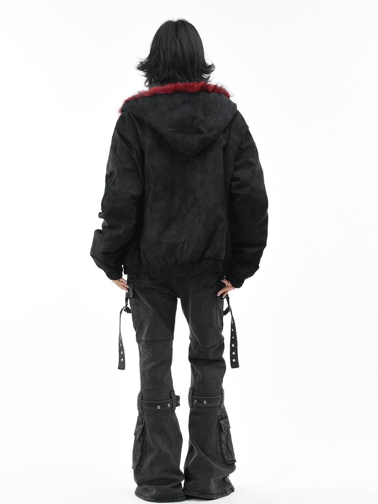 Men's Red Fur Collar Retro PU Leather Cotton Jacket - Heavyweight Warm Outerwear
