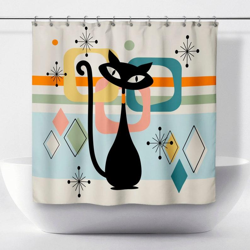 Mid-Century Modern Atomic Cat Shower Curtain - Light Beige Design, Unique Wedding & Housewarming Gift