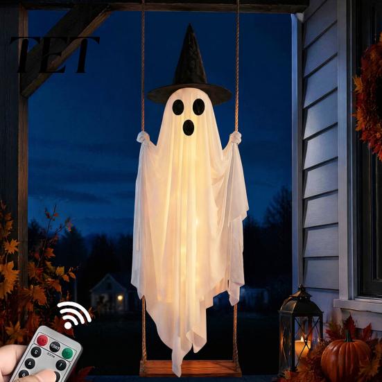 Altalena fantasma luminoso di Halloween con cappello da strega, altezza regolabile, Decorazioni per giardino festività spettrali controllate da telecomando, Luminosità,