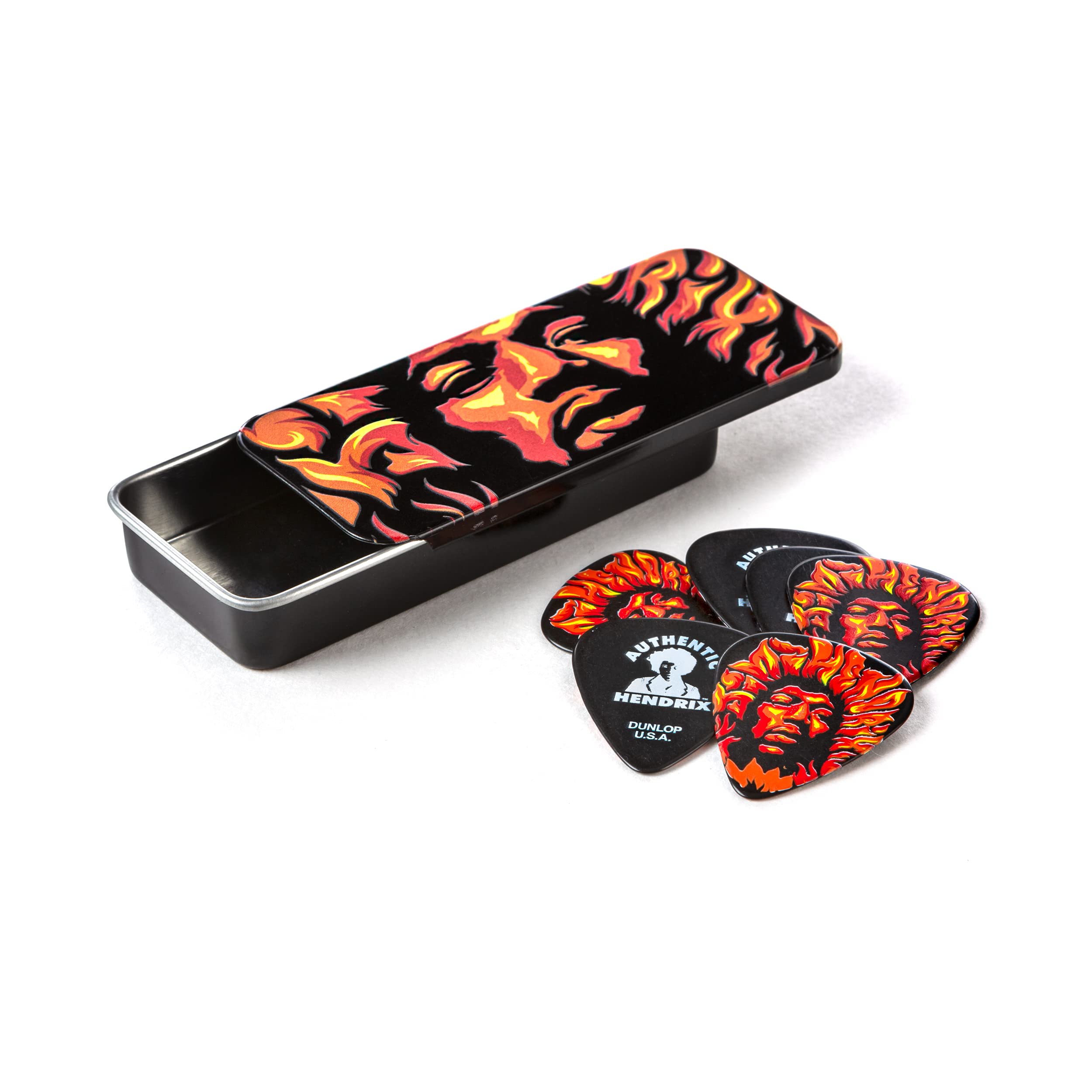 

Jim Dunlop Jimi Hendrix Pick Case Set Jimi Hendrix Voodoo Fire Pick Tin JHPT14H &