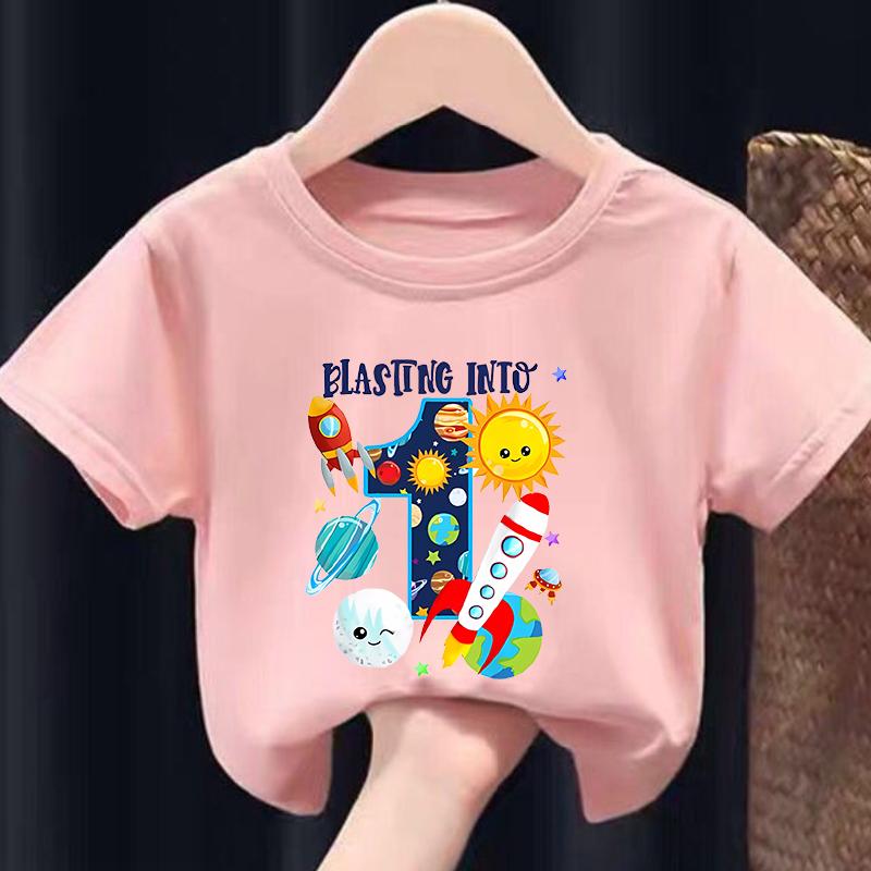 New Boys and Girls Clothing Outer Space Rocket Planet Printed Childrens Tshirt Birthday Round Neck Summer polyester fabric