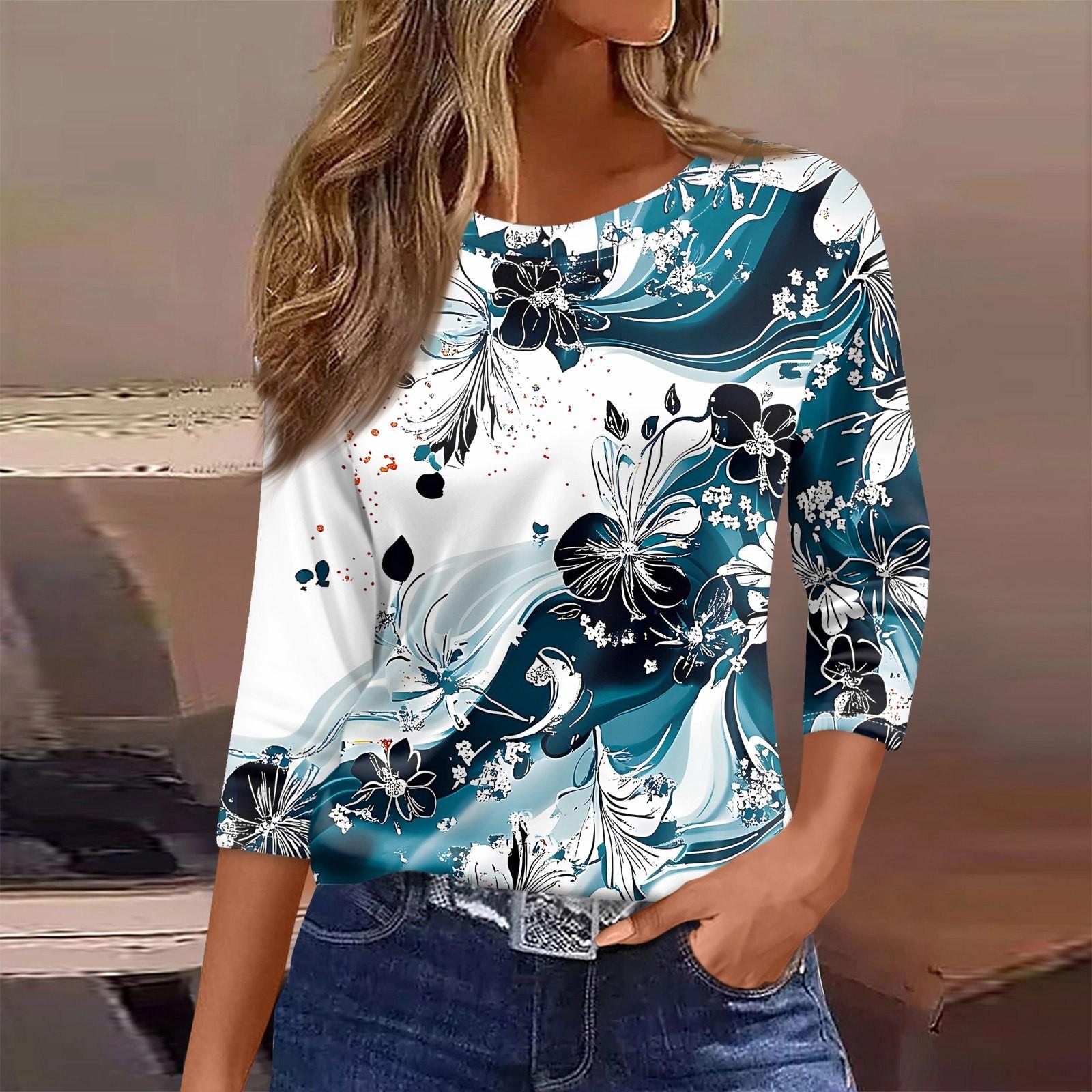 

Жіноча футболка з принтом з рукавом 3/4, щоденна мода на вихідні, звичайний топ із круглим вирізом L Темно-синій