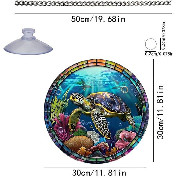 Sea Turtles Stained Window Hanging, 11.81 in Large Acrylic Suncatcher Window Panel Double-Sided Marine Animals Wall Decor for Cafe Home, Gift for