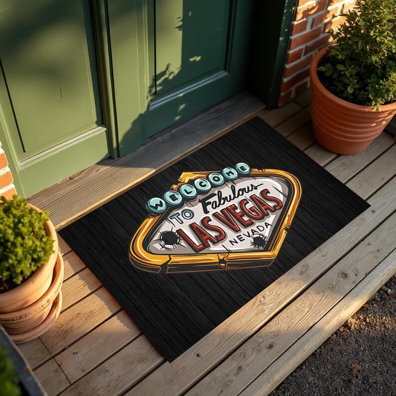 Welcome Door Mat Rug Carpet Las Vegas Neon Sign Wooden Texture Home Decoration for Entryway Patio Welcome Mat Home Floor Mat