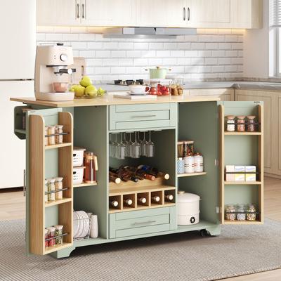 Kitchen Cart with Folding Worktop, Kitchen Island On Wheels with Wine Rack, Glass Holder, Spice Rack & Towel Holder, 120x45/70x92cm, Green