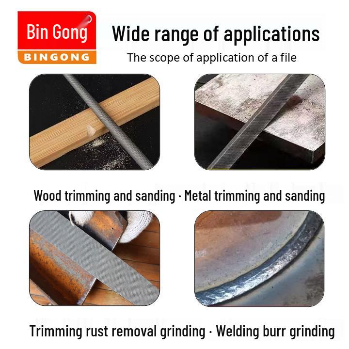Hugong Multi-Specification Steel Files Set: Flat, Half-Round, Triangle, Rasp, Square, and Round Metal Grinding Tools.