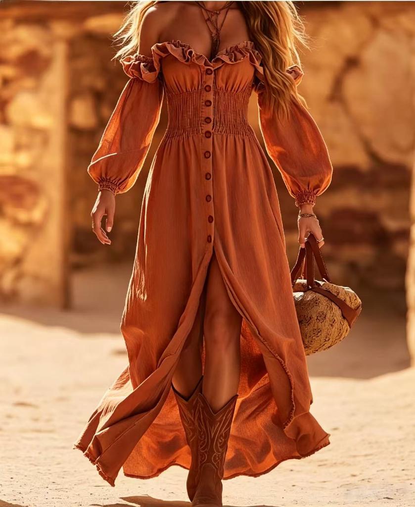 2026 Europäischer und amerikanischer Retro-Western-Stil Denim-Kleid Ein-Schulter-Blusenärmel vorne zu öffnende Knopfleiste lang Bohemian-Stil