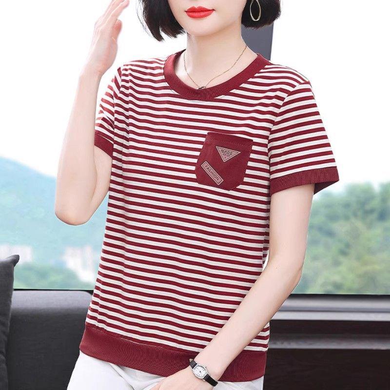 Summer Stripe Short-Sleeve T-Shirt for Middle-Aged Women - Casual & Youthful Style