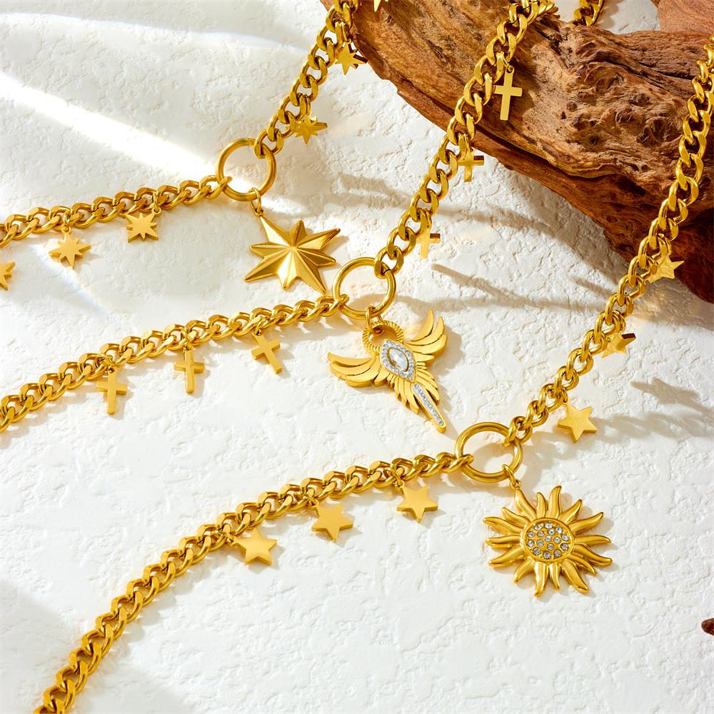 Stainless Steel Multilayer Sun Star Cross Pendant Necklace Women Neck Chain Jewelry Gift